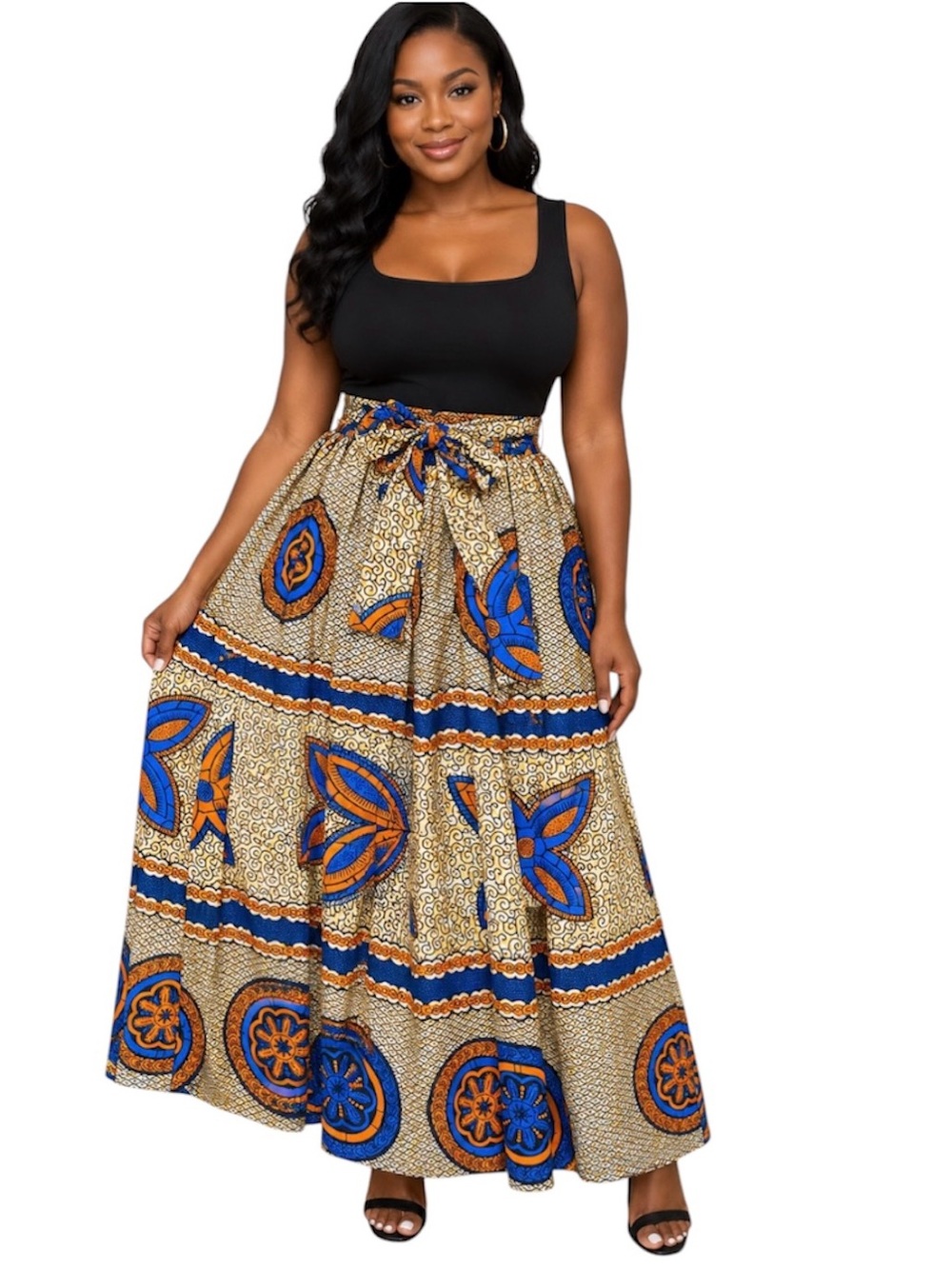 African Print Maxi Skirt with Tie Waist - Blue & Orange